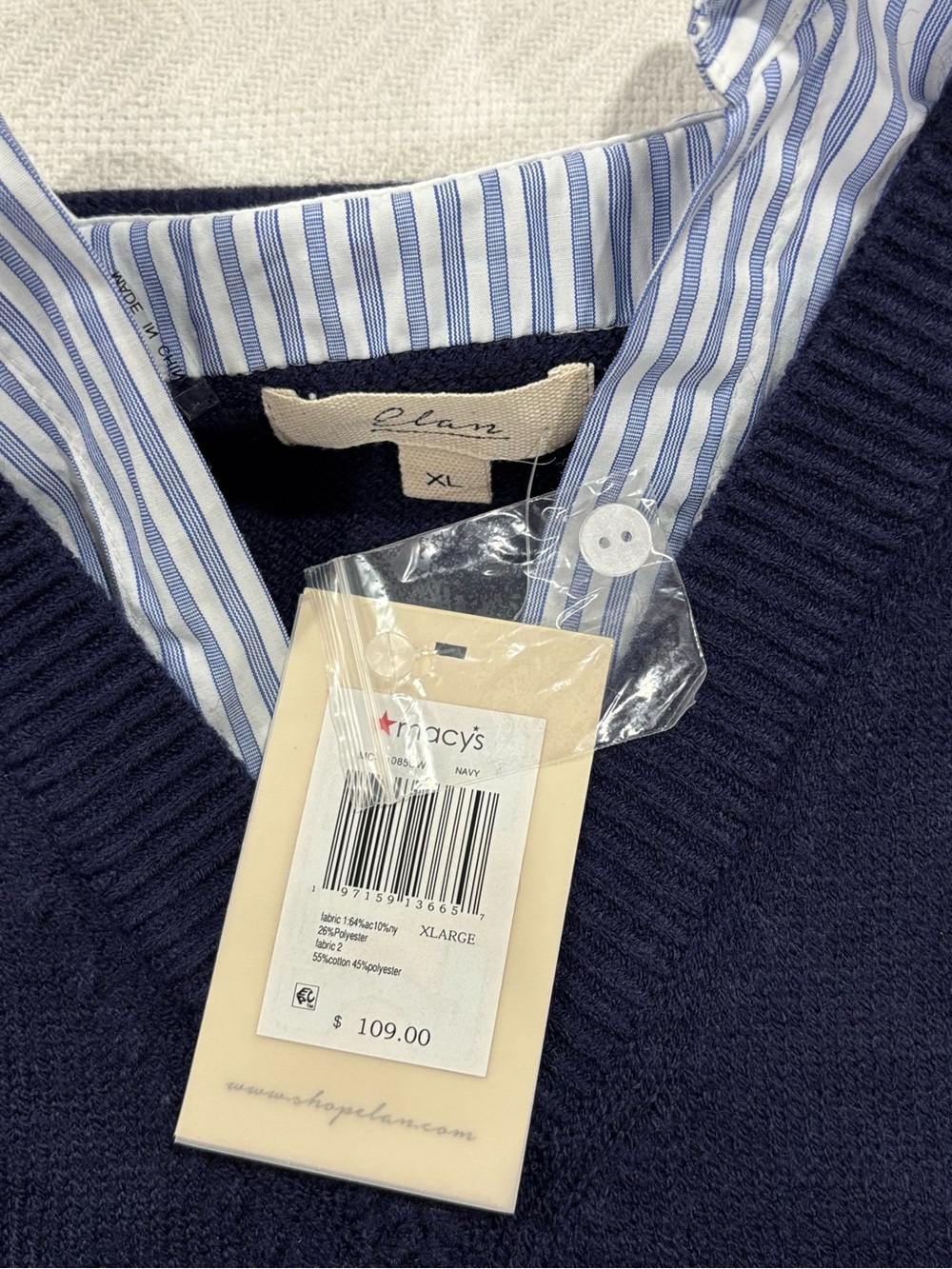 Elan Navy V-Neck Pullover with Blue & White Striped Attached Shirt - Picture 5 of 9